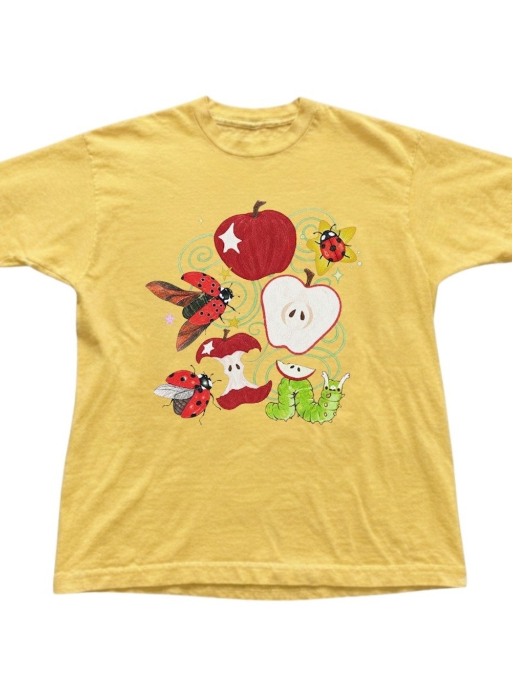 Ladybug Apple Print T-Shirt Yellow Top Gildan T-Shirt